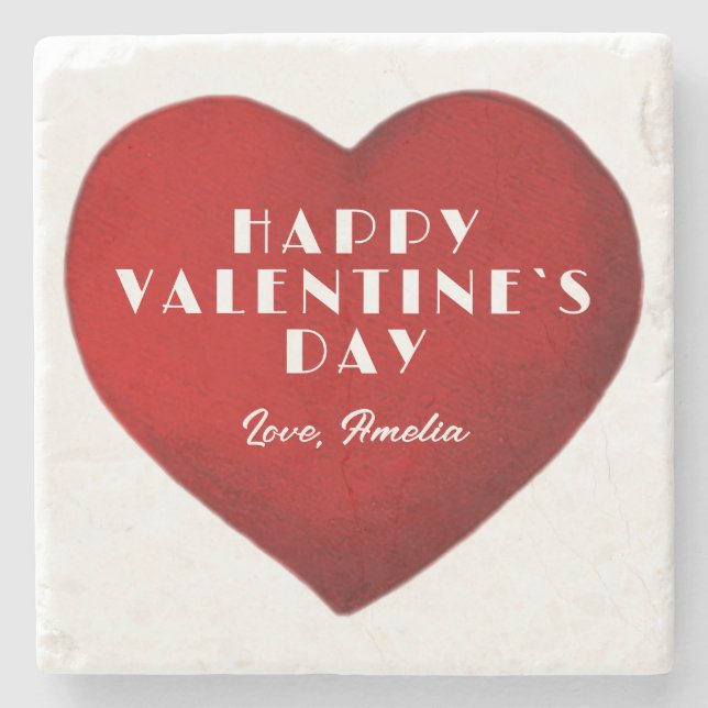 Romantic Red Heart with Name Valentine`s Day Stone Coaster (Front)