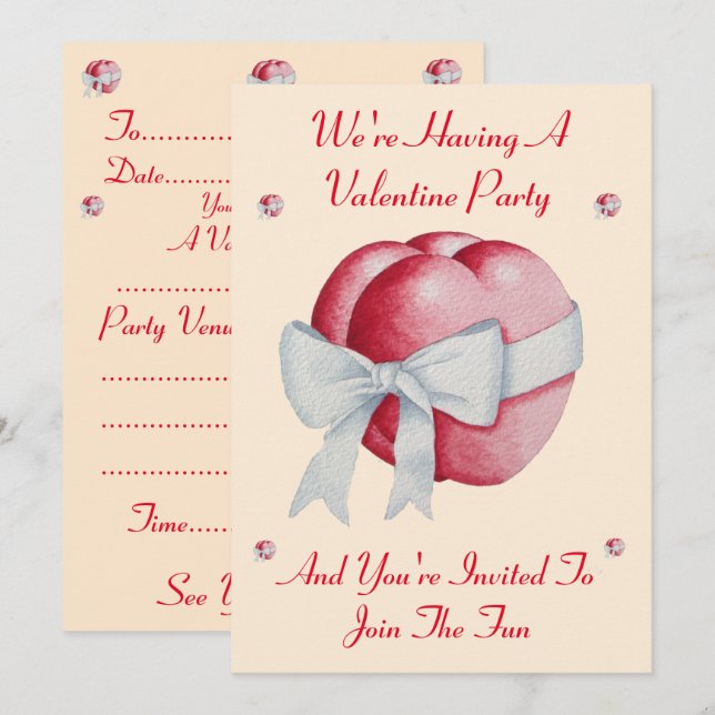 Romantic red heart with white bow valentine party invitation (Front/Back)