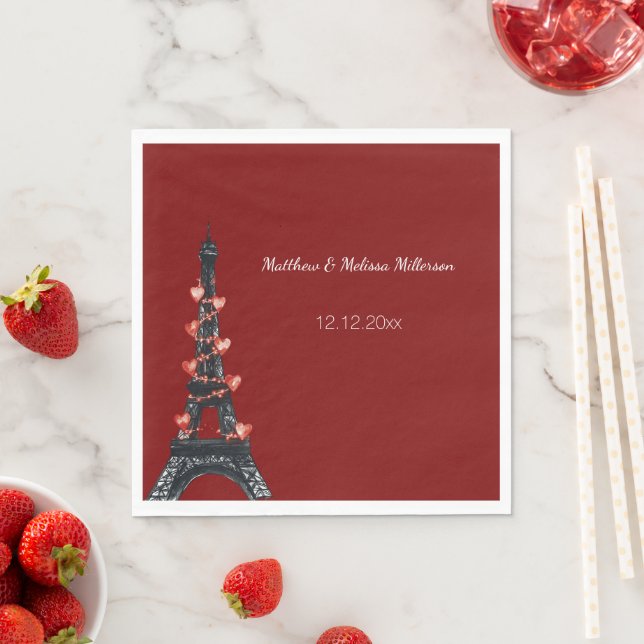 Romantic Red Hearts Eiffel Tower Wedding Napkins (Insitu)