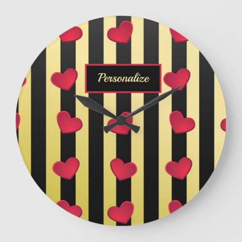 Romantic Red Hearts Gold Black Stripes Personalize Large Clock