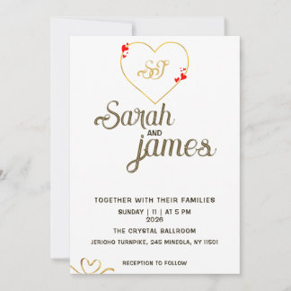 Romantic Red Hearts Gold Monogram Wedding Invitation