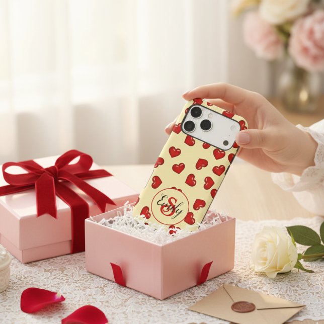 Romantic Red Hearts Pattern Cream Custom Monogram Case-Mate iPhone Case (Creator Uploaded)