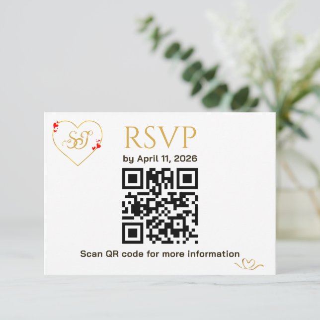Romantic Red Hearts QR Code Wedding RSVP Card (Standing Front)