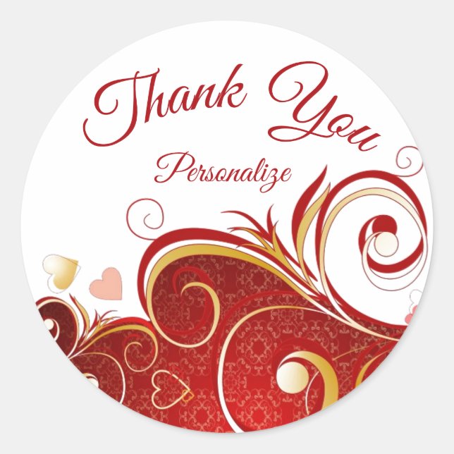 Romantic Red Hearts & Ribbon Thank You Personalize Classic Round Sticker (Front)