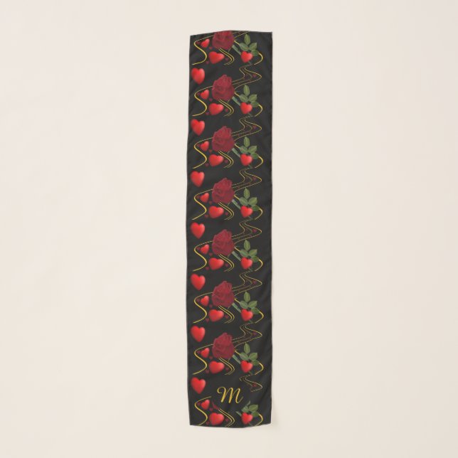 Romantic Red Hearts & Rose Gold Ribbon Monogram Scarf (Front)