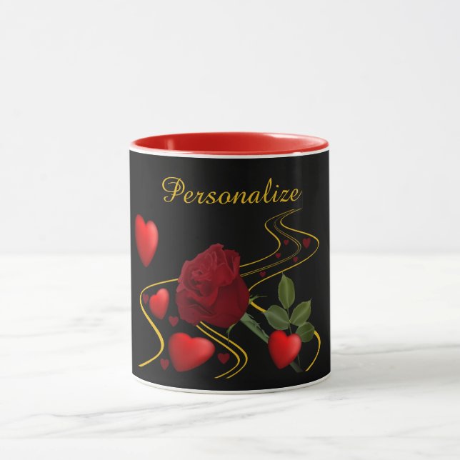 Romantic Red Hearts & Rose Gold Ribbon Personalize Mug (Center)