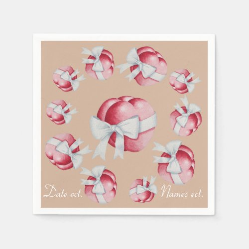 Romantic red hearts tied with white ribbon bow paper napkins