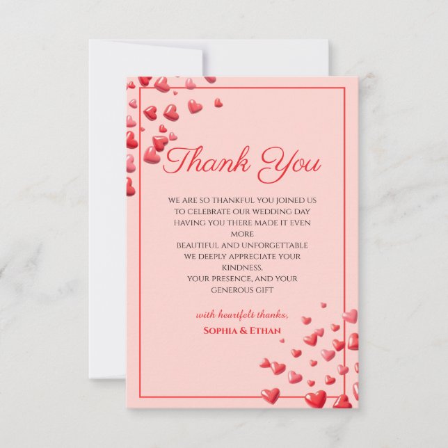 Romantic Red Hearts Wedding Thank You Card (Front)