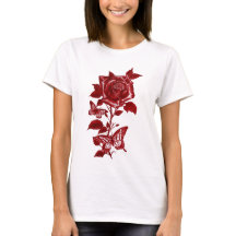 Romantic Red Ink Rose and Butterflies Graphic Ts