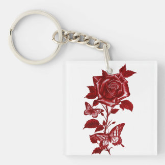 Romantic Red Ink Rose and Butterflies Graphickeych Keychain