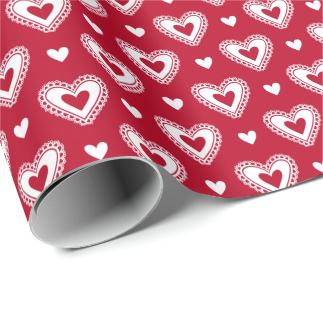 Romantic Red Lace Hearts Valentine's Day Pattern Wrapping Paper (Roll Corner)