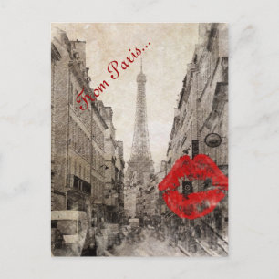 romantic Red lips Kiss I love paris eiffel tower Postcard