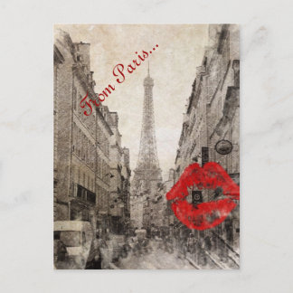 romantic Red lips Kiss I love paris eiffel tower Postcard