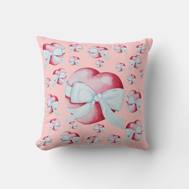 romantic red love heart and white bow throw pillow (Front)