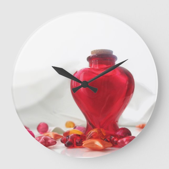 Romantic Red Love Heart Bottle Photography Large Clock (Front)