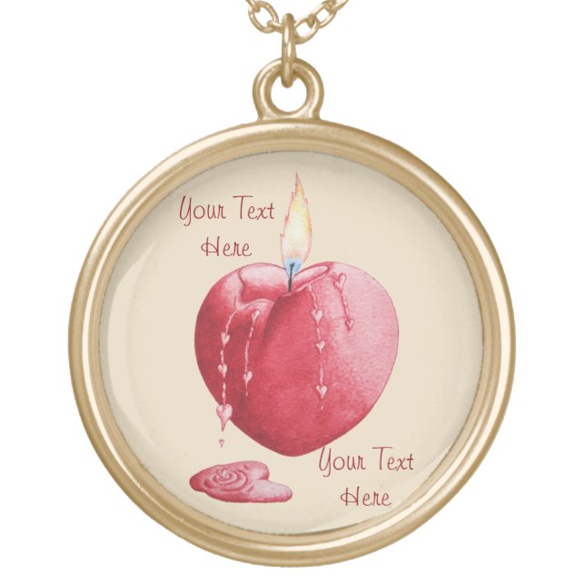 romantic red love heart burning candle art gold plated necklace (Front)