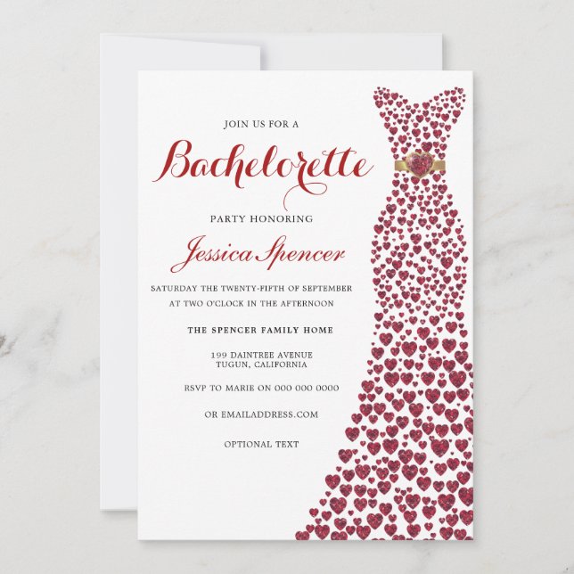 Romantic Red Love Heart Dress Bachelorette Party Invitation (Front)