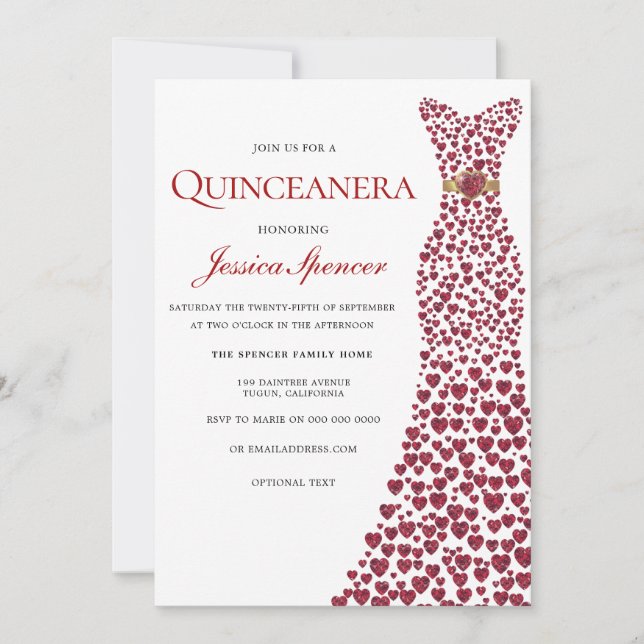 Romantic Red Love Heart Dress Quinceanera Invite (Front)