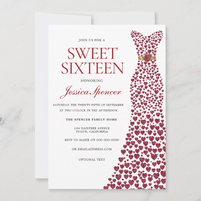 Romantic Red Love Heart Dress Sweet 16 Invite (Front)