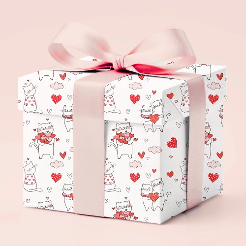 Romantic Red Love Heart Kitty Cats  Valentines Wrapping Paper