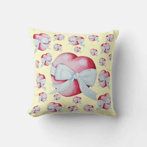 romantic red love heart tied with white ribbon bow throw pillow