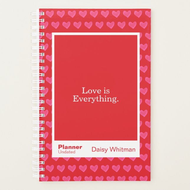 Romantic Red Minimalist Pink Heart Quote Planner (Front)