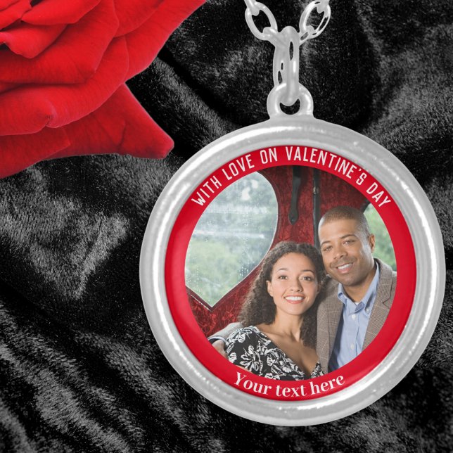 Romantic Red Modern Valentine's Day Custom Photo Silver Plated Necklace (A personalized necklace for your Valentine, with your own text and photo. A charming keepsake gift)