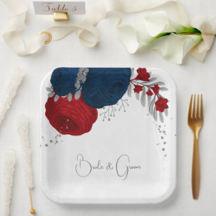 romantic red & navy flowers silver botanical paper plates
