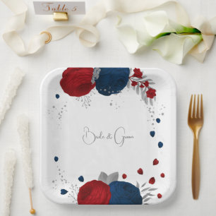 romantic red & navy flowers silver botanical paper plates