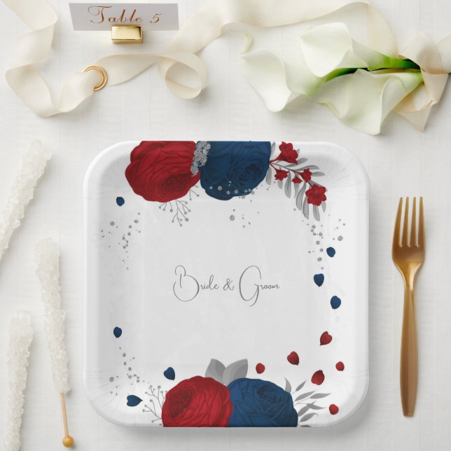romantic red & navy flowers silver botanical paper plates (Wedding)