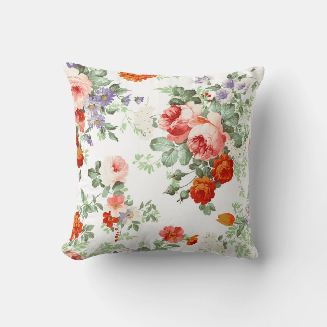 Romantic Red Orange Retro Girly Roses Floral Throw Pillow (Front)