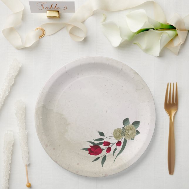 romantic red & pale yellow flowers paper plates (Wedding)