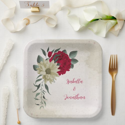 romantic red  pale yellow flowers paper plates