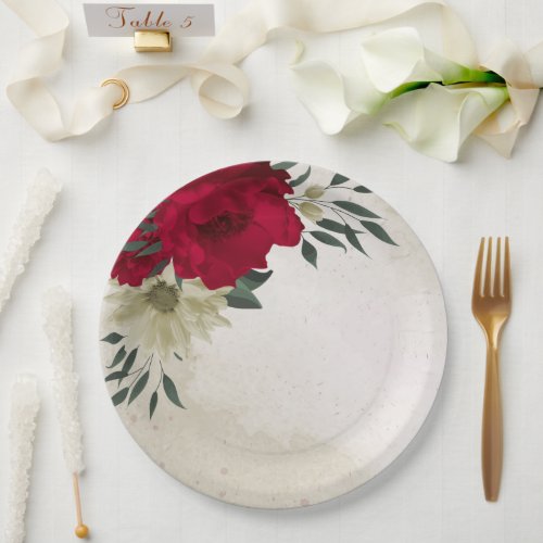 romantic red  pale yellow flowers paper plates