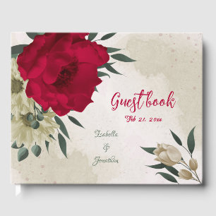 romantic red & pale yellow flowers wedding guest book