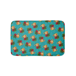 Romantic Red Peach Rose Pattern Teal Damask Bathroom Mat