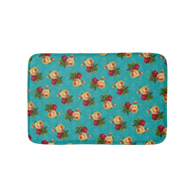 Romantic Red Peach Rose Pattern Teal Damask Bathroom Mat (Front)