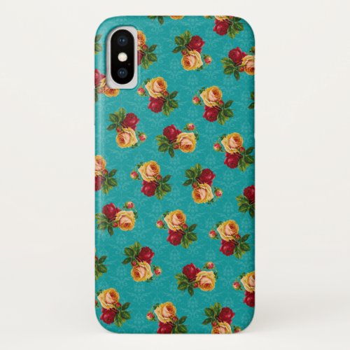 Romantic Red Peach Rose Pattern Teal Damask iPhone X Case