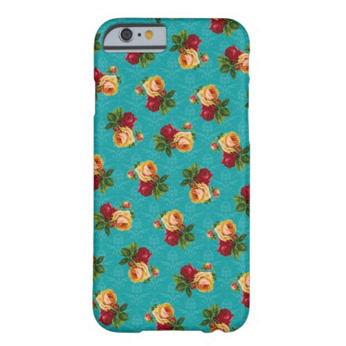 Romantic Red Peach Rose Pattern Teal Damask Barely There iPhone 6 Case