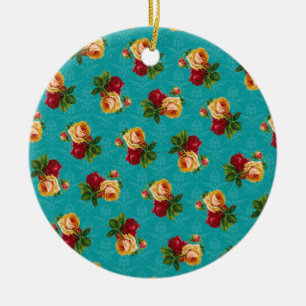 Romantic Red Peach Rose Pattern Teal Damask Ceramic Ornament