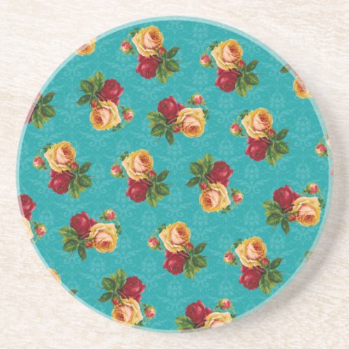 Romantic Red Peach Rose Pattern Teal Damask Coaster