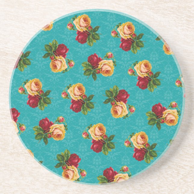 Romantic Red Peach Rose Pattern Teal Damask Coaster (Front)