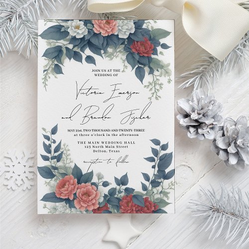 Romantic Red Pink Blue Winter Floral Wedding Invitation