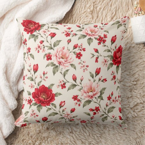 Romantic Red & Pink Floral Garden Seamless Pattern Throw Pillow