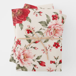 Romantic Red & Pink Floral Garden Seamless Pattern Wrapping Paper Sheets