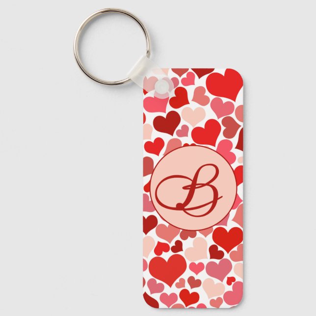 Romantic Red Pink Heart Love Valentine Initial Keychain (Front)