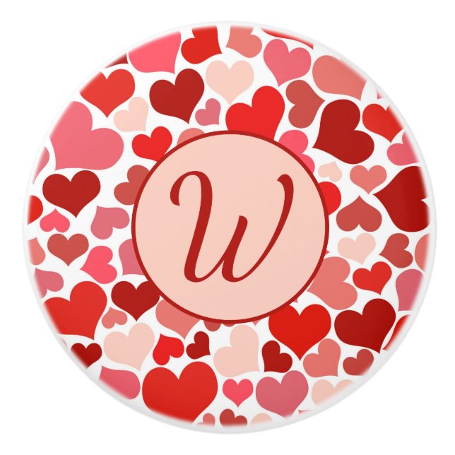 Romantic Red Pink Heart Love Valentine Monogram Ceramic Knob (Front)