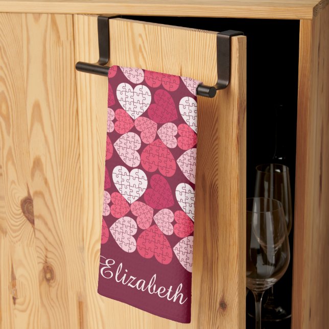 Romantic Red & Pink Jigsaw Puzzle Heart Pattern Kitchen Towel (Thirds Fold)