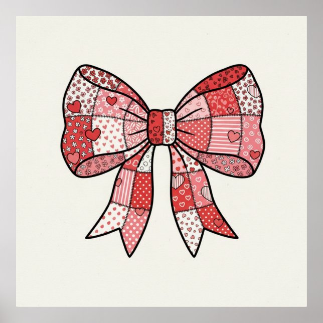 Romantic Red Pink Patchwork Ribbon Bow Drawing  Poster (Front)