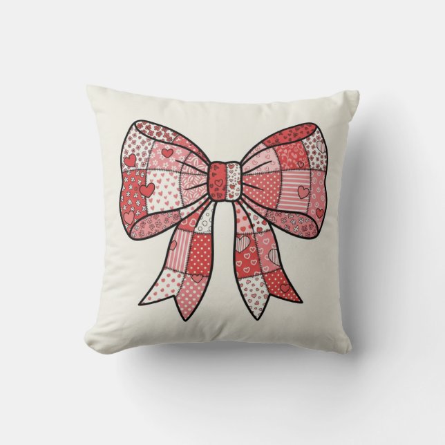Romantic Red Pink Patchwork Ribbon Bow Drawing  Throw Pillow (Front)